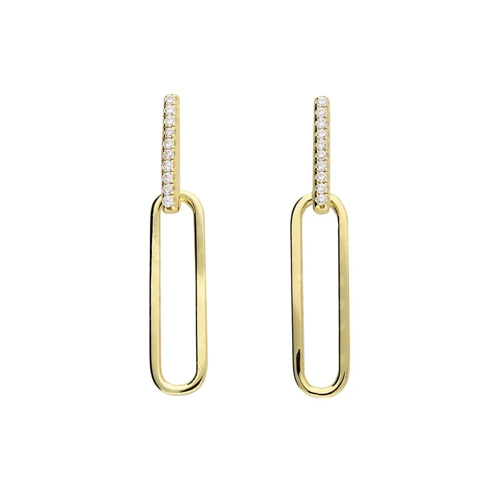 GOLD ON SILVER CUBIC ZIRCONIA BAR & PAPERCLIP LINK DROP EARRINGS