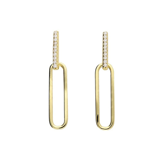 GOLD ON SILVER CUBIC ZIRCONIA BAR & PAPERCLIP LINK DROP EARRINGS