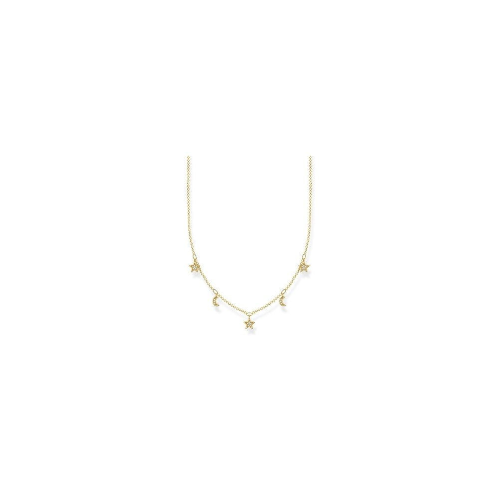 GOLD ON SILVER CUBIC ZIRCONIA CRESCENT MOON & STARS NECKLACE