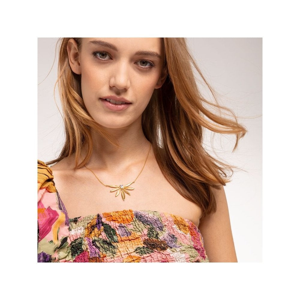 GOLD ON SILVER LARGE LEAF MOTIF NECKLACE WITH CUBIC ZIRCONIA
