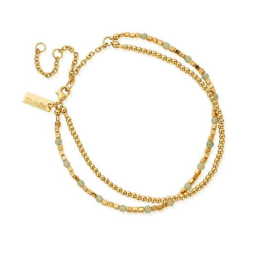 GOLD ON SILVER MINI CUTE AND AVENTURINE ANKLE BRACELET
