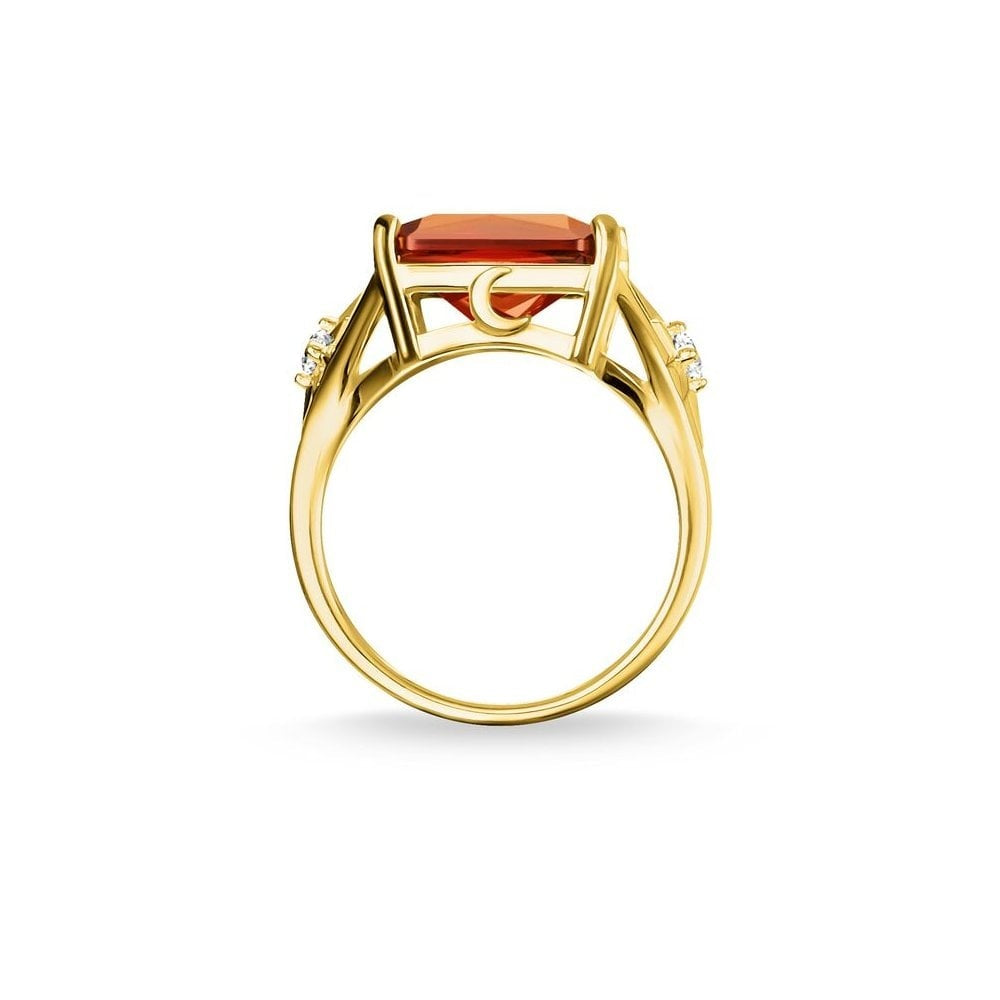 GOLD ON SILVER ORANGE STONE RING WITH CUBIC ZIRCONIA STARS