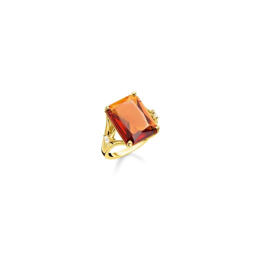 GOLD ON SILVER ORANGE STONE RING WITH CUBIC ZIRCONIA STARS