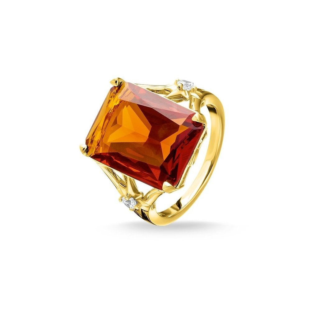 GOLD ON SILVER ORANGE STONE RING WITH CUBIC ZIRCONIA STARS
