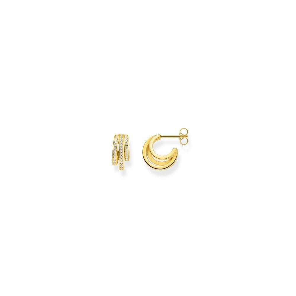 GOLD ON SILVER RETRO-STYLE OPEN HOOP EARRINGS WITH THREE FILIGREE ROWS OF CUBIC ZIRCONIAS
