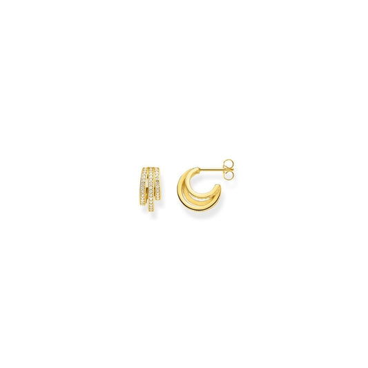 GOLD ON SILVER RETRO-STYLE OPEN HOOP EARRINGS WITH THREE FILIGREE ROWS OF CUBIC ZIRCONIAS