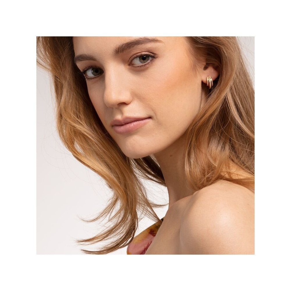 GOLD ON SILVER RETRO-STYLE OPEN HOOP EARRINGS WITH THREE FILIGREE ROWS OF CUBIC ZIRCONIAS