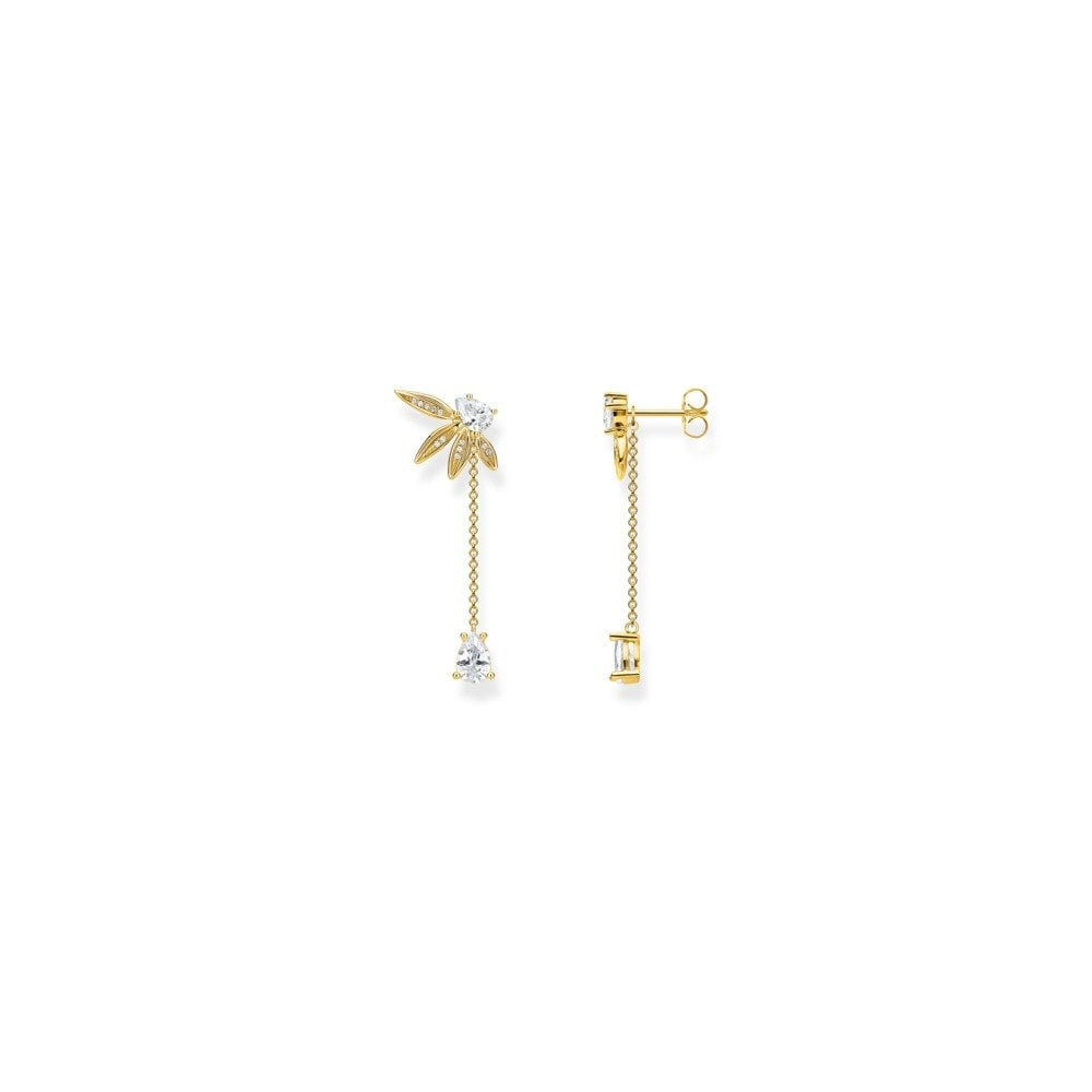 GOLD ON SILVER SMALL CUBIC ZIRCONIA LEAF MOTIF STUDS WITH A LONG DROP FILGREE CHAIN WITH ZIRCONIA WHICH CAN REMOVED
