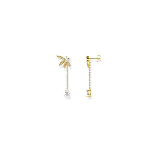 GOLD ON SILVER SMALL CUBIC ZIRCONIA LEAF MOTIF STUDS WITH A LONG DROP FILGREE CHAIN WITH ZIRCONIA WHICH CAN REMOVED