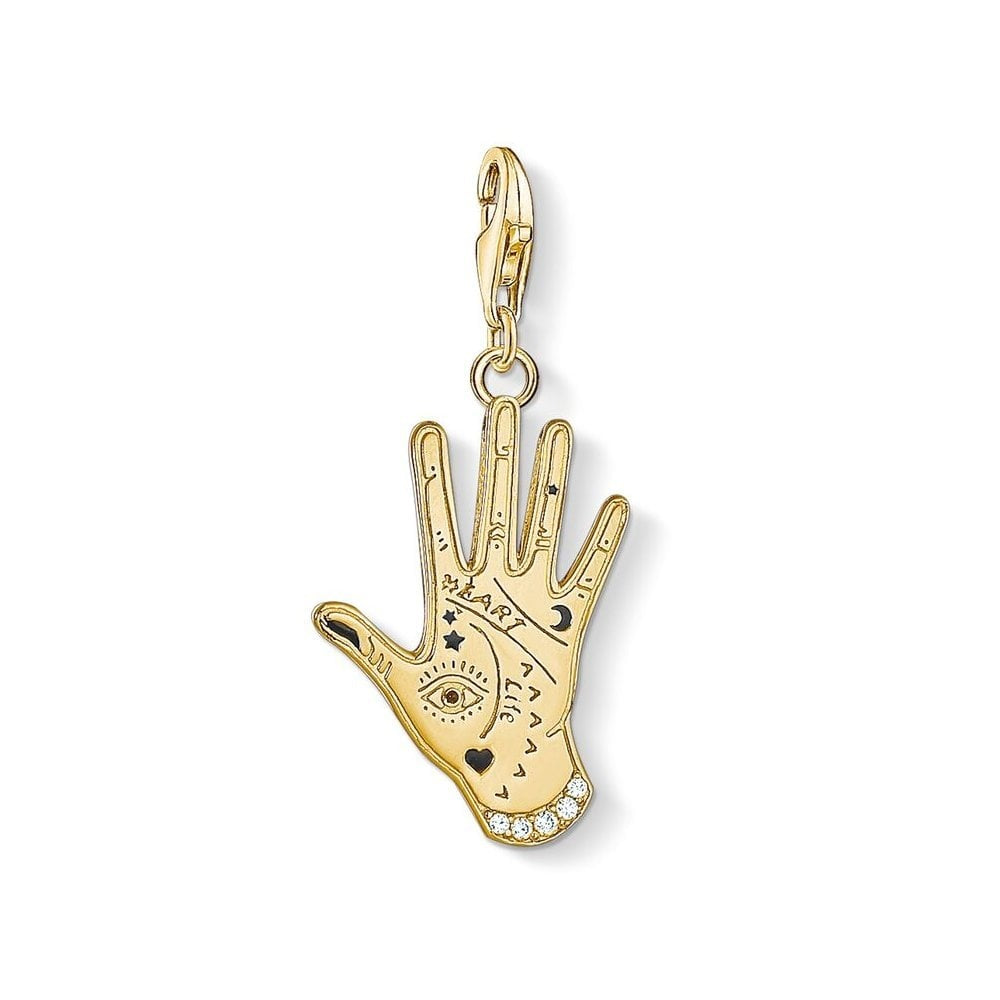 GOLD ON SILVER VINTAGE HAND CHARM PENDANT WITH LIFE & EARTH ENGRAVED ON IT. ALSO FEATURES A CRESENT, STARS & EVIL EYE & A CUBIC ZIRCONIA CUFF