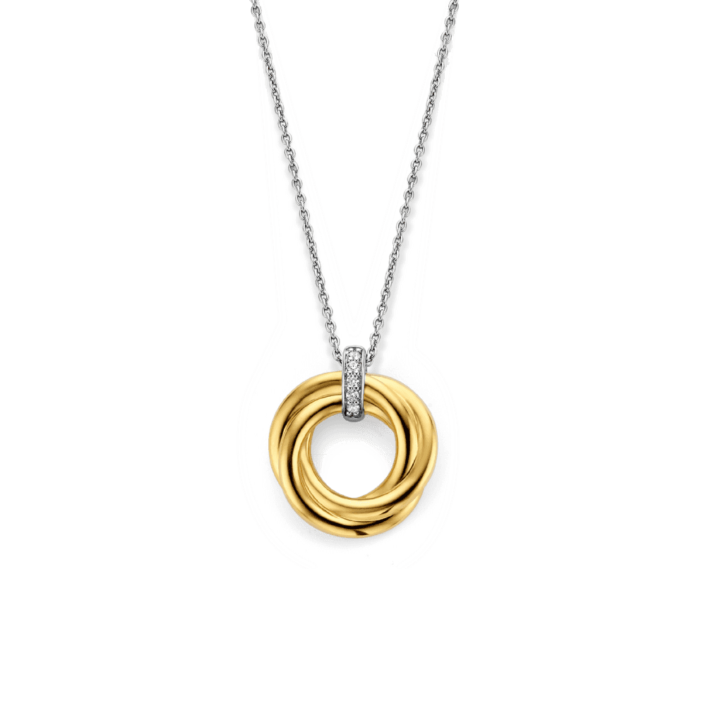 GOLD ON SILVER WOVEN CIRCLE PENDANT WITH ZIRCONIA