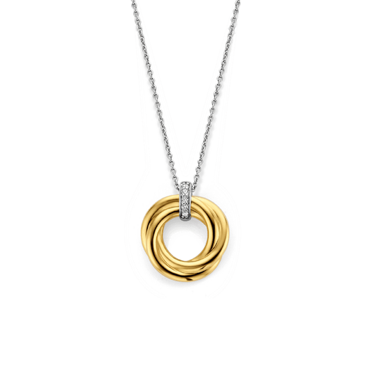 GOLD ON SILVER WOVEN CIRCLE PENDANT WITH ZIRCONIA