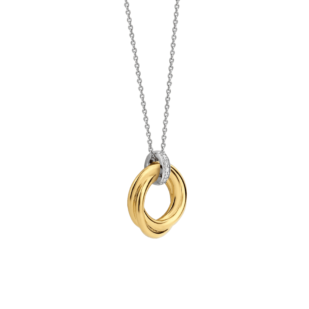 GOLD ON SILVER WOVEN CIRCLE PENDANT WITH ZIRCONIA