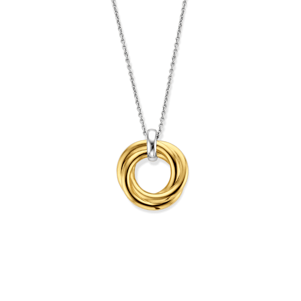 GOLD ON SILVER WOVEN CIRCLE PENDANT WITH ZIRCONIA