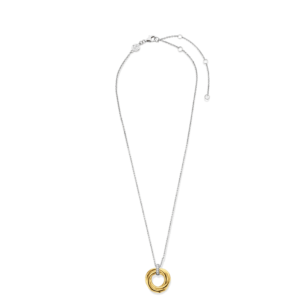 GOLD ON SILVER WOVEN CIRCLE PENDANT WITH ZIRCONIA