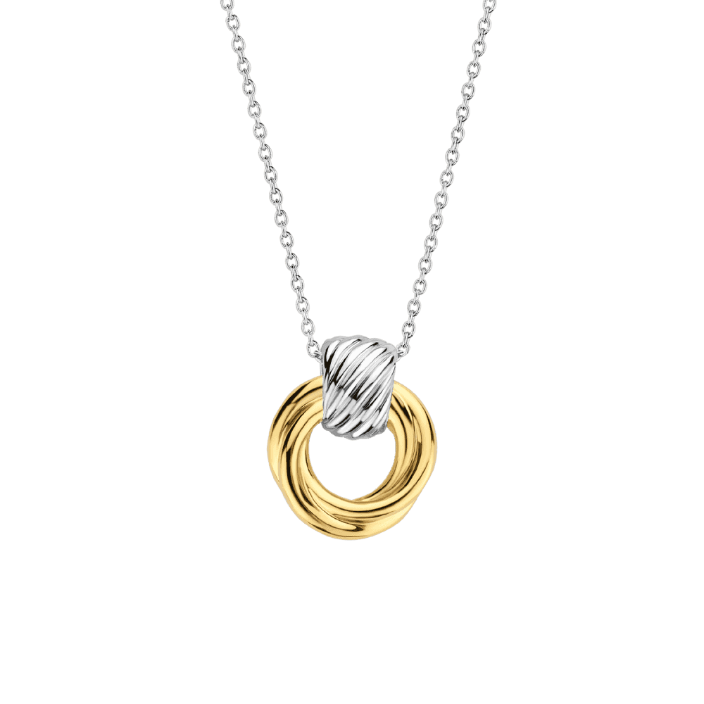 GOLD ON SILVER WOVEN GOLD CIRCLE PENDANT WITH SILVER BAIL