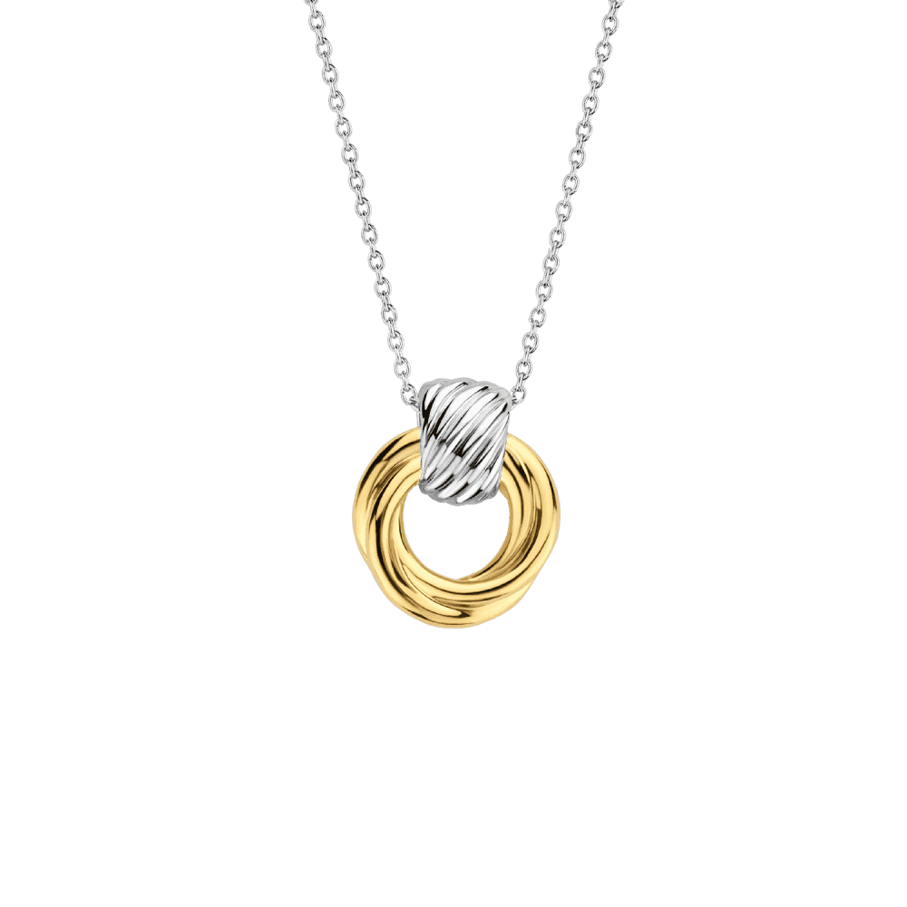 GOLD ON SILVER WOVEN GOLD CIRCLE PENDANT WITH SILVER BAIL