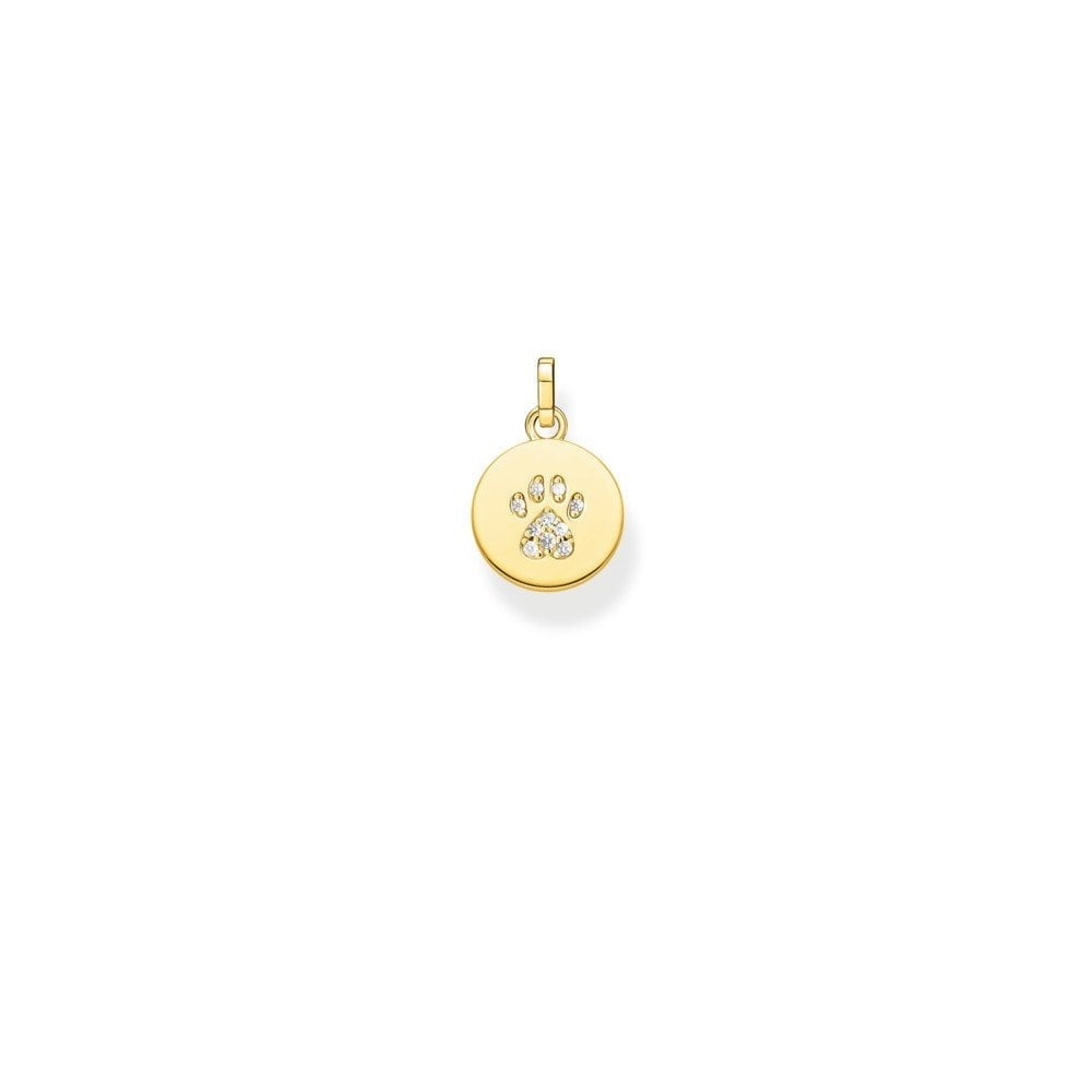 GOLD ON STERLING SILVER DISC CHARM PENDANT WITH CUBIC ZIRCONIA CAT PAW ON THE FRONT