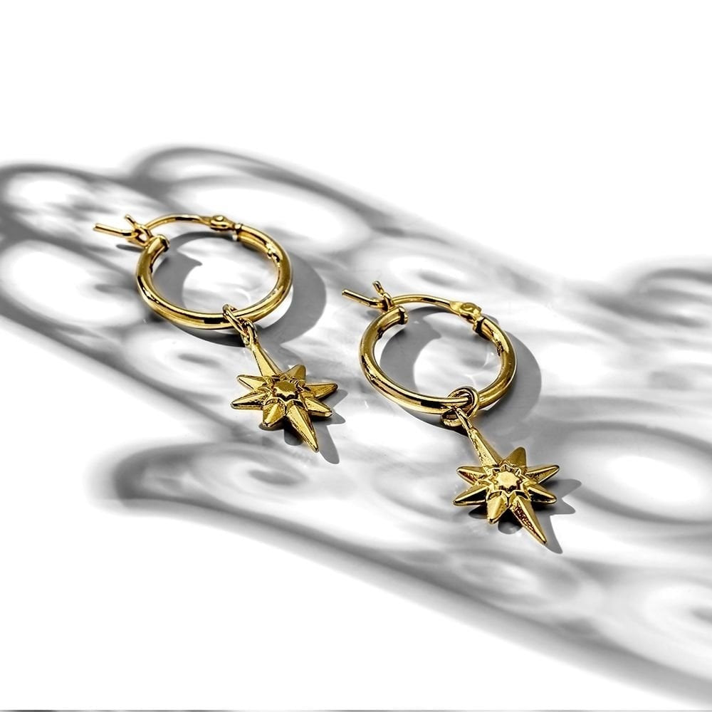GOLD ON STERLING SILVER LUCKY STAR HOOP EARRINGS WITH EARCHARMS
