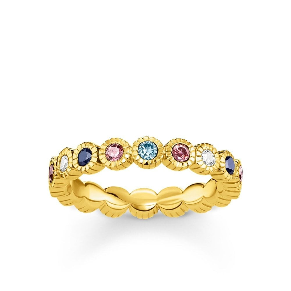 GOLD ON STERLING SILVER ROYALTY LOOK RING WITH BROWN, CHAMPAGNE & PINK ZIRCONIA, GLASS CERAMIC STONE & SYNTHETIC LIGHT BLUE STONE