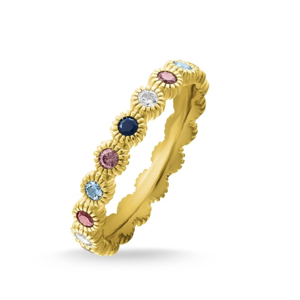 GOLD ON STERLING SILVER ROYALTY LOOK RING WITH BROWN, CHAMPAGNE & PINK ZIRCONIA, GLASS CERAMIC STONE & SYNTHETIC LIGHT BLUE STONE