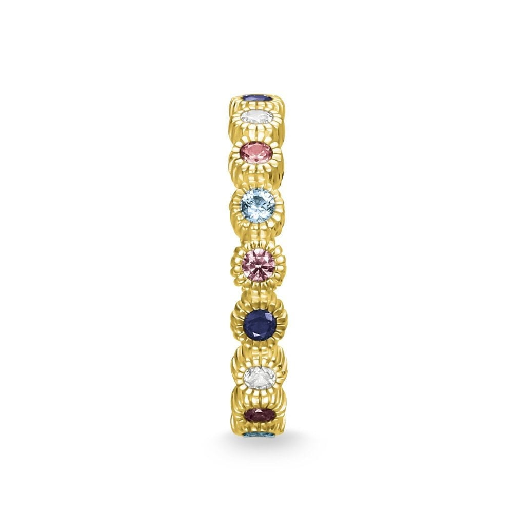 GOLD ON STERLING SILVER ROYALTY LOOK RING WITH BROWN, CHAMPAGNE & PINK ZIRCONIA, GLASS CERAMIC STONE & SYNTHETIC LIGHT BLUE STONE