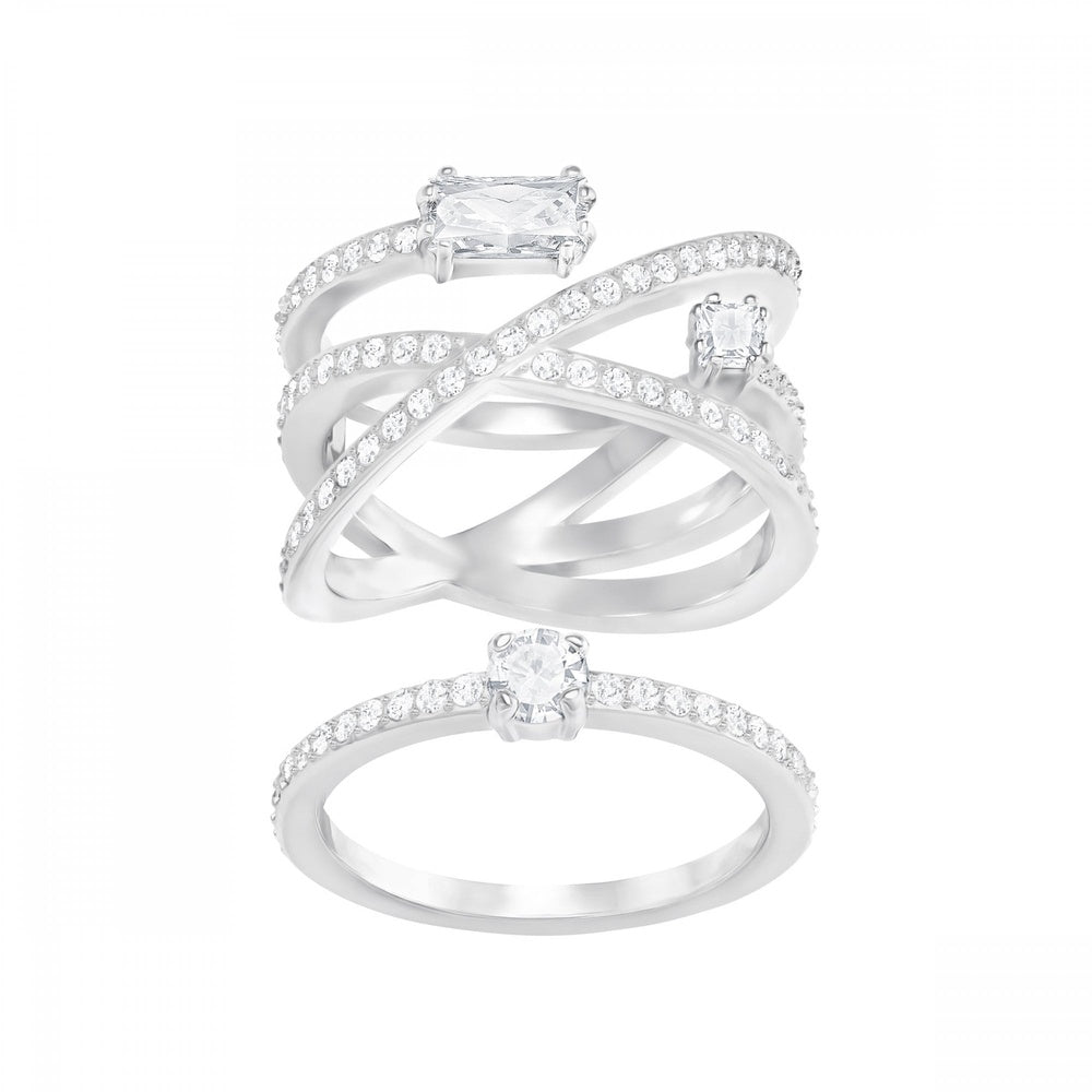 GRAY RING SET, WHITE SWAROVSKI CRYSTALS, RHODIUM PLATED