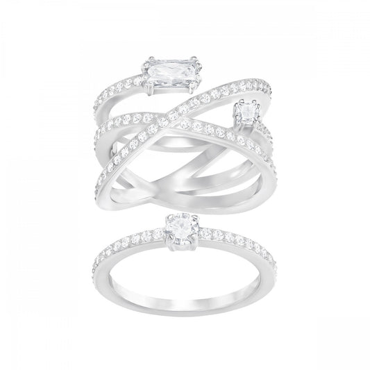 GRAY RING SET, WHITE SWAROVSKI CRYSTALS, RHODIUM PLATED