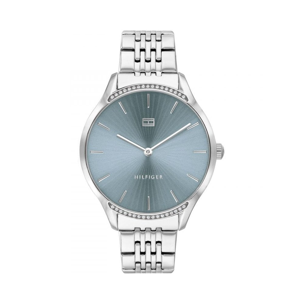 GRAY STAINLESS STEEL LADIES BRACELET WATCH WITH BLUE/GREY DIAL & CRYSTALS AROUND BEZEL