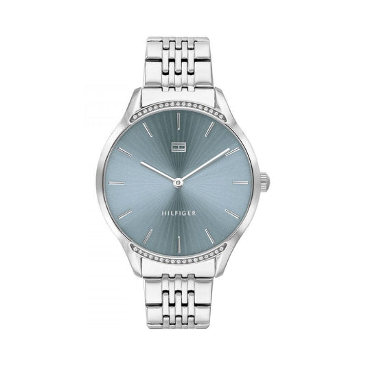GRAY STAINLESS STEEL LADIES BRACELET WATCH WITH BLUE/GREY DIAL & CRYSTALS AROUND BEZEL
