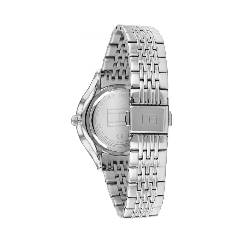GRAY STAINLESS STEEL LADIES BRACELET WATCH WITH BLUE/GREY DIAL & CRYSTALS AROUND BEZEL