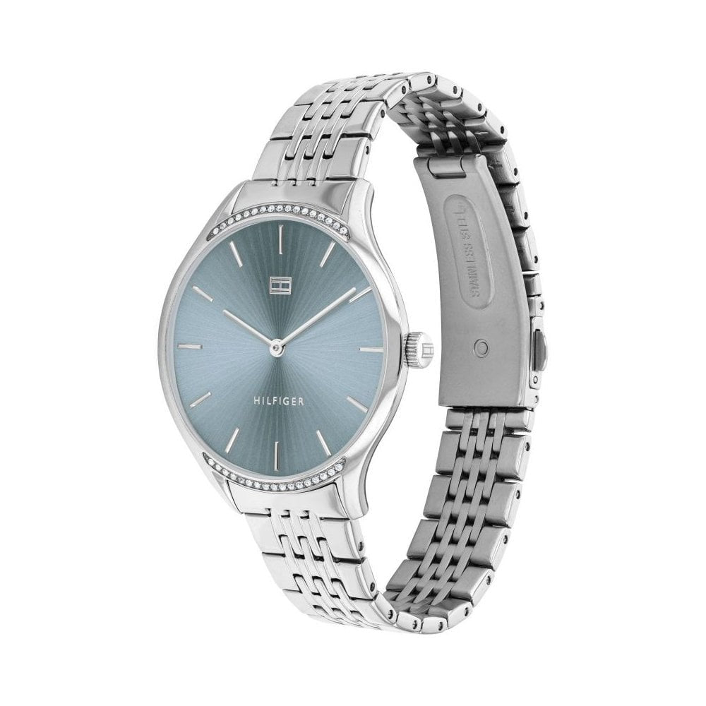 GRAY STAINLESS STEEL LADIES BRACELET WATCH WITH BLUE/GREY DIAL & CRYSTALS AROUND BEZEL