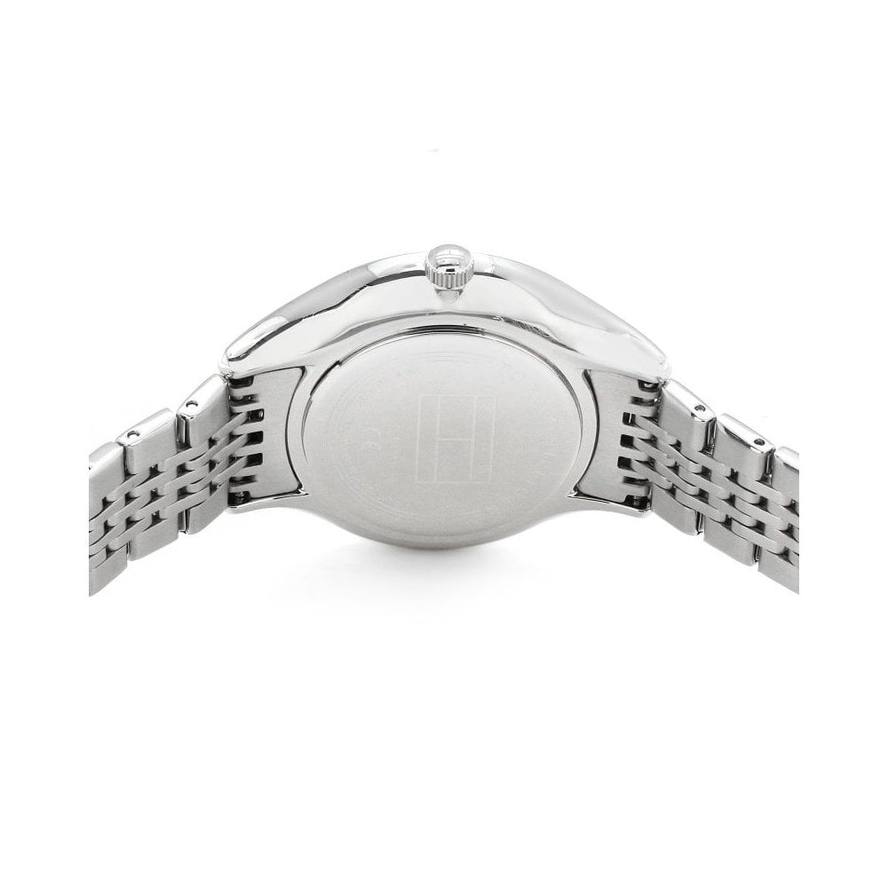 GRAY STAINLESS STEEL LADIES BRACELET WATCH WITH BLUE/GREY DIAL & CRYSTALS AROUND BEZEL