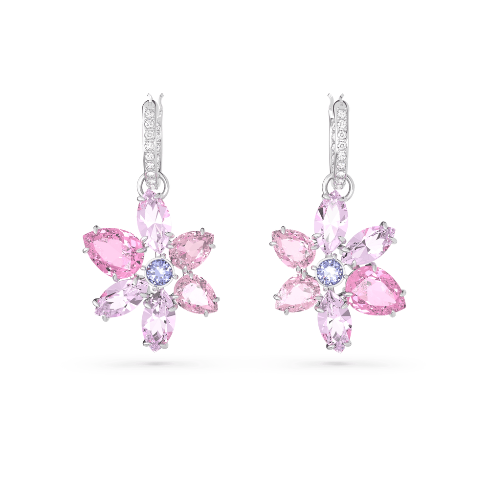 Gema drop earrings, Mixed cuts, Flower, Pink, Rhodium plated