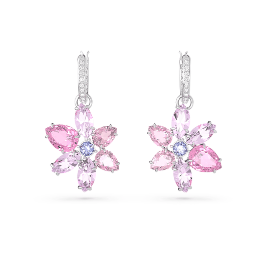 Gema drop earrings, Mixed cuts, Flower, Pink, Rhodium plated