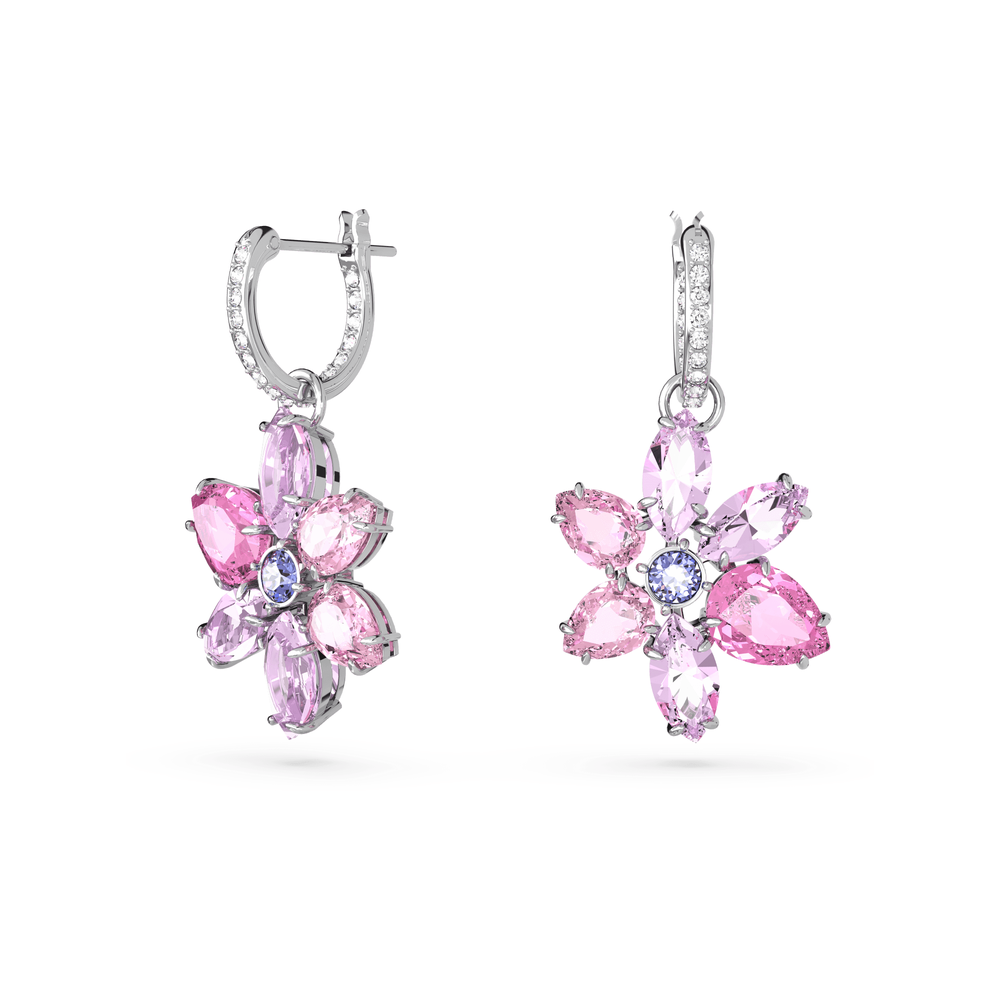 Gema drop earrings, Mixed cuts, Flower, Pink, Rhodium plated