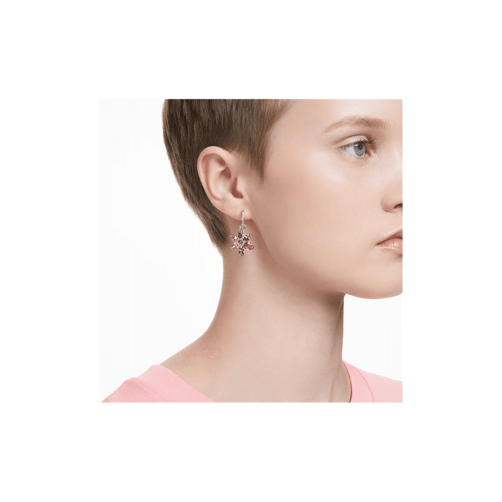 Gema drop earrings, Mixed cuts, Flower, Pink, Rhodium plated