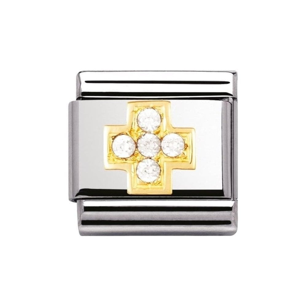 Gold On Stainless Steel Cross Charm with White Stones