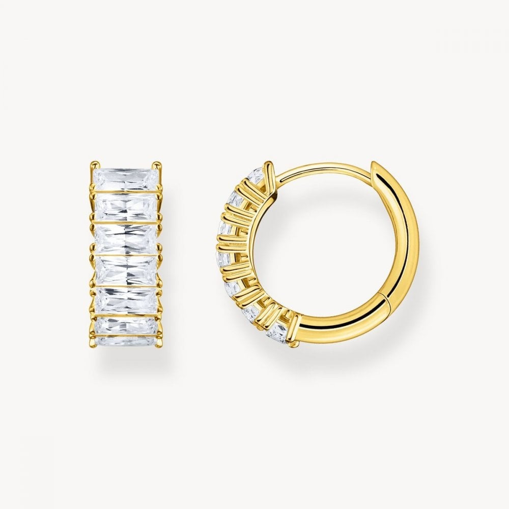 Gold on Silver Hoop Earrings with White pavé Stones
