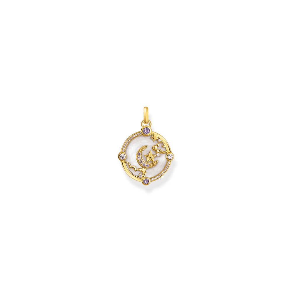 Gold on Silver Pendant with Crescent Moon and Various Stones