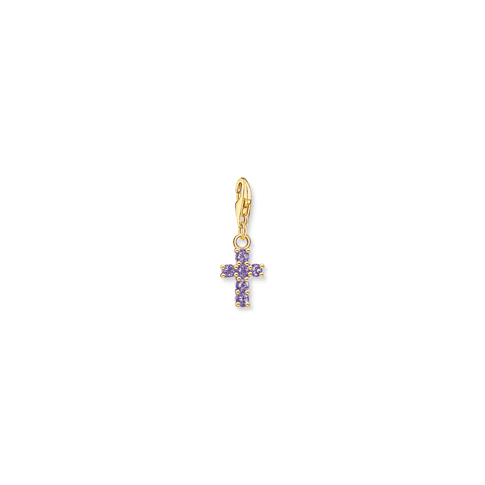 Gold on Sterling Silver Cross Charm with Amethyst-Coloured Stones