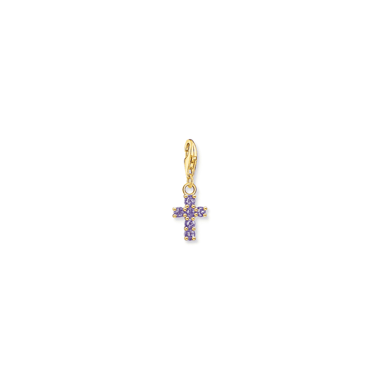 Gold on Sterling Silver Cross Charm with Amethyst-Coloured Stones