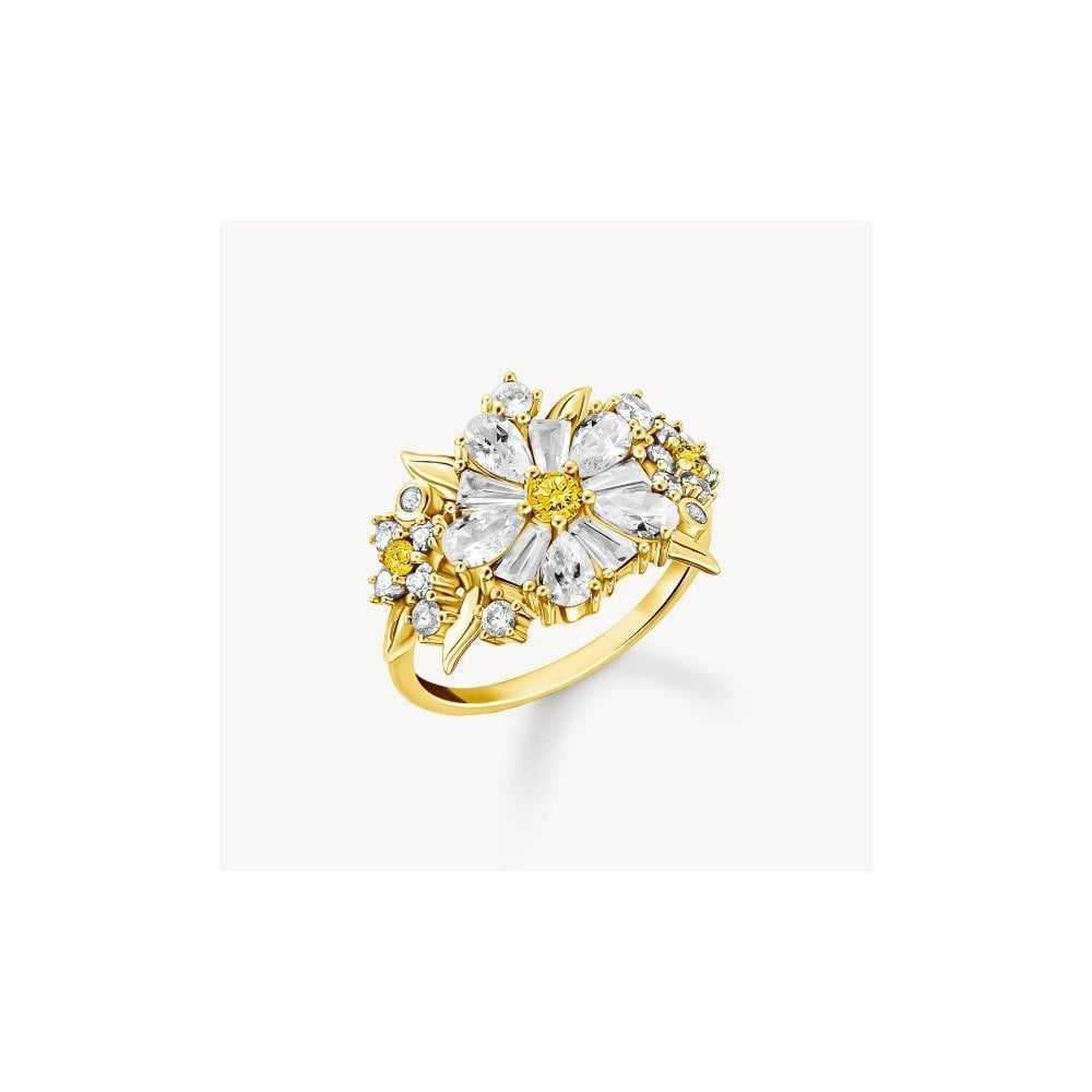 Gold-plated flower cocktail ring Lovely Daisy with stones size 58