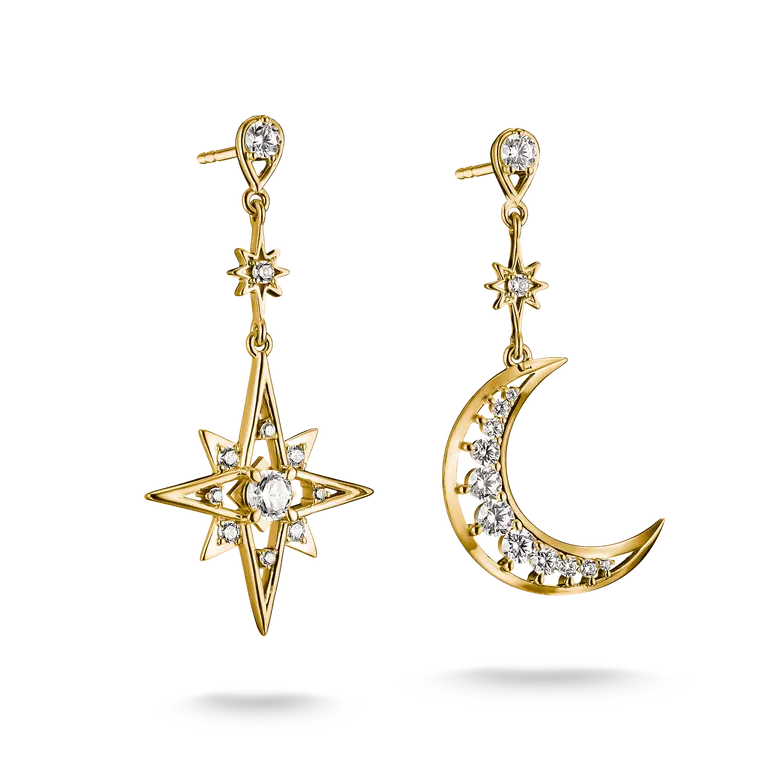 Thomas Sabo 18ct Gold on Silver Moon and Star Drop Earrings with White Zirconia