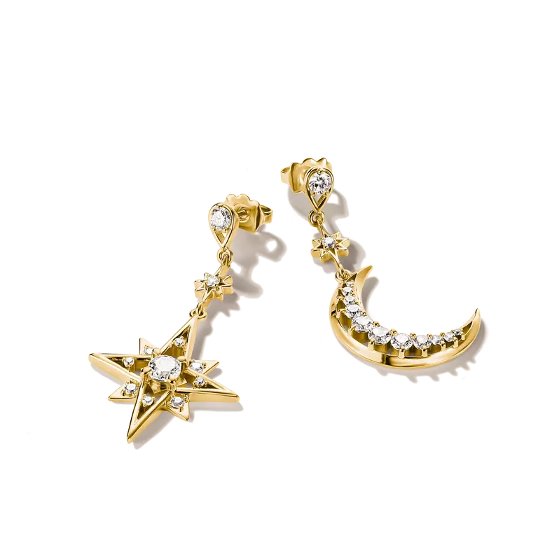 Thomas Sabo 18ct Gold on Silver Moon and Star Drop Earrings with White Zirconia