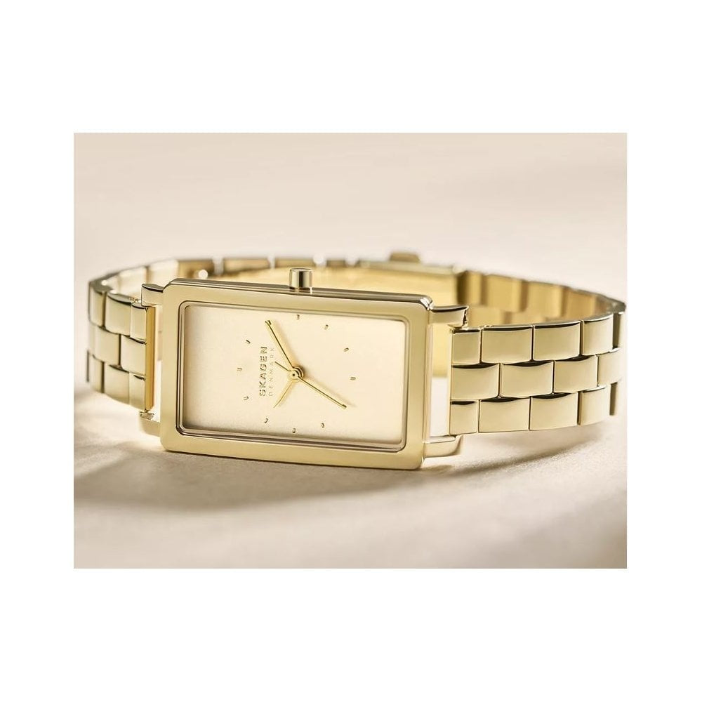 Hagen Lille, Three-Hand, Ladies Gold Stainless Steel Rectangular Watch