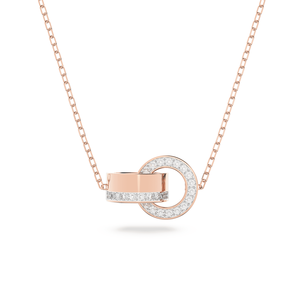 Hollow pendant, Interlocking loop, White, Rose gold-tone plated necklace