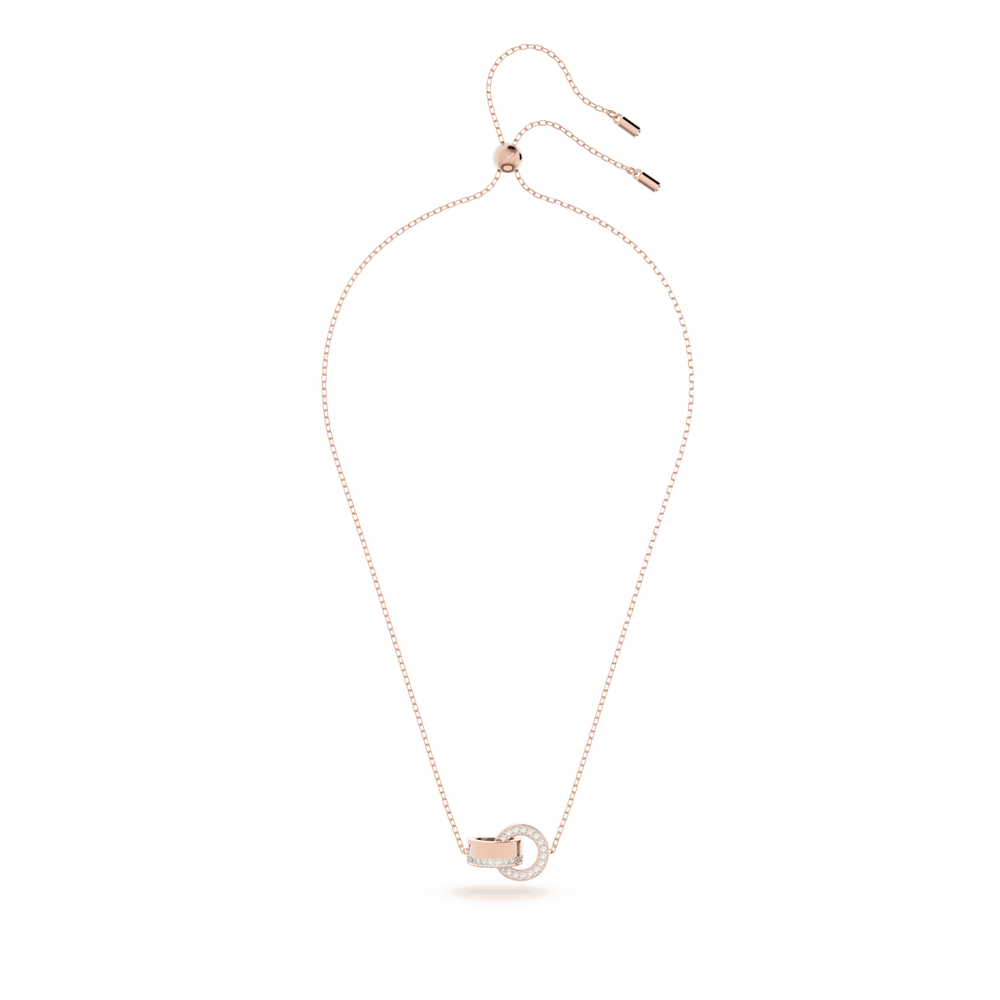 Hollow pendant, Interlocking loop, White, Rose gold-tone plated necklace