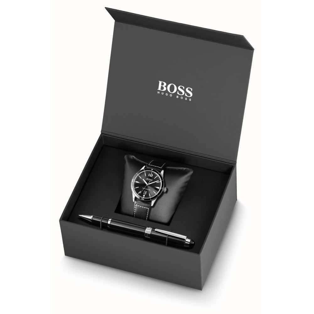 Hugo Boss Drifter Black Leather Watch and Pen Set