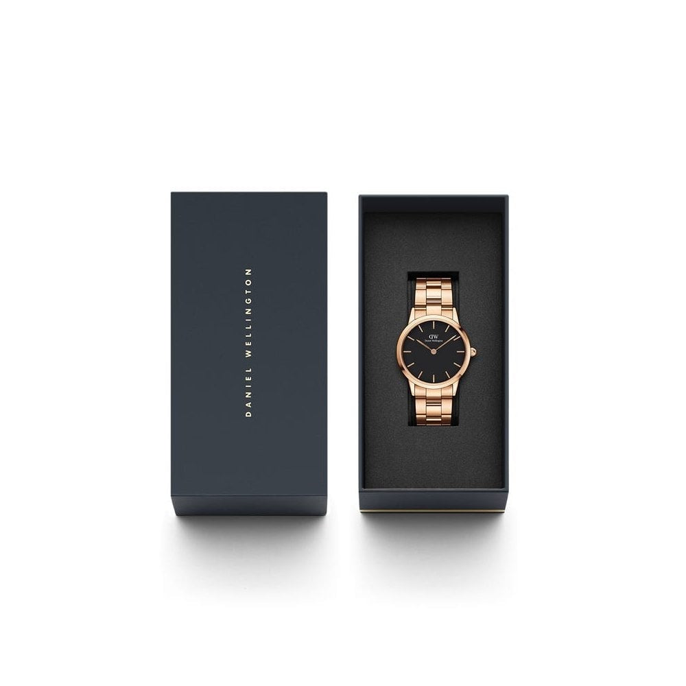 ICONIC LINK ROSE GOLD STAINLESS STEEL LINK BRACELET WATCH WITH BLACK DIAL
